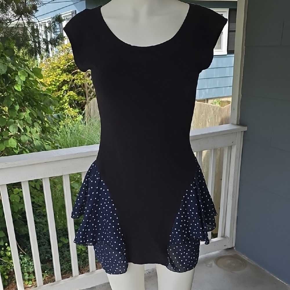 Super Cute Black Mini Dress With Navy + White Polka Dot Skirt